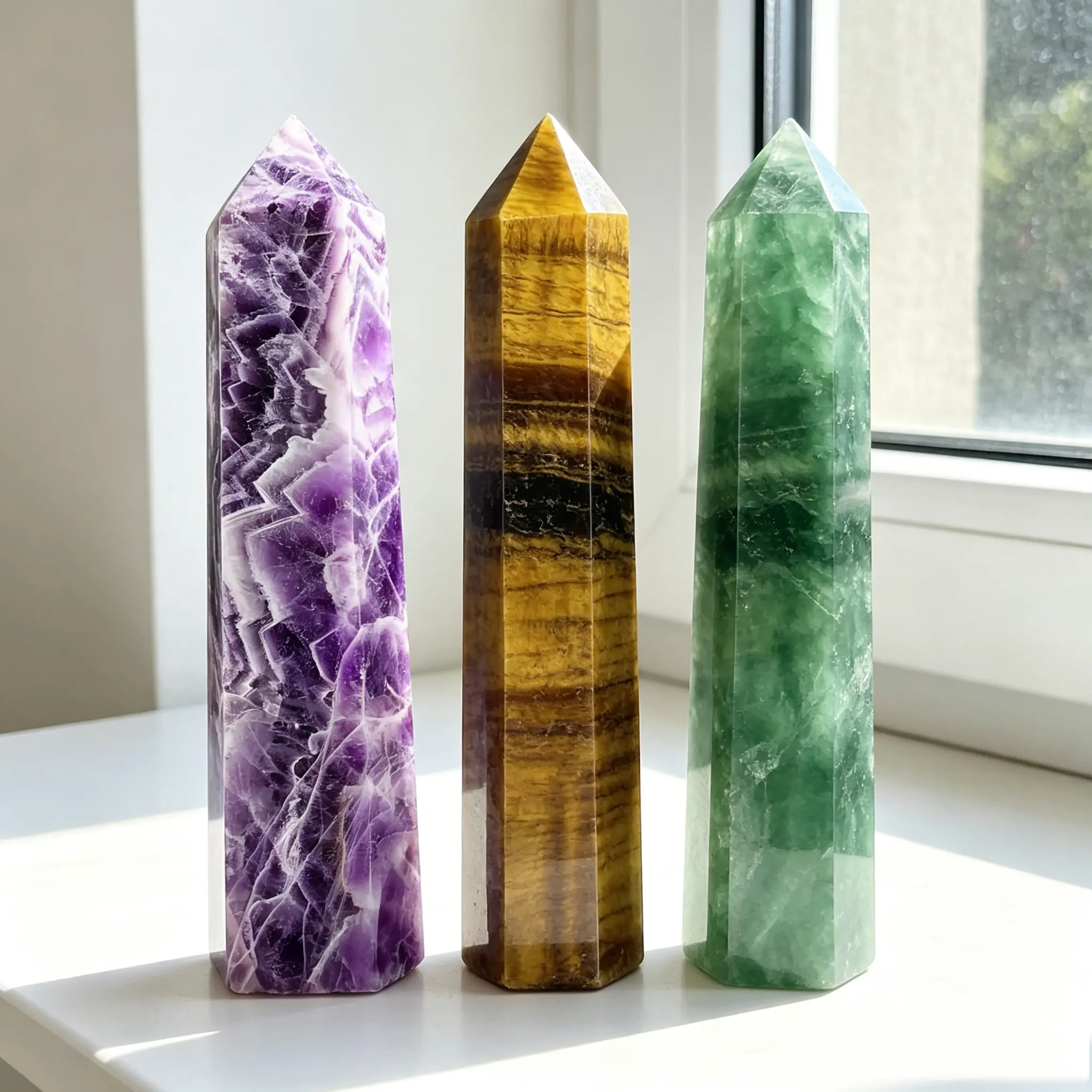 3Pcs Natural Crystal Tower Set Amethyst Tiger Eye Green Fluorite 3.2"-6.7" Large Single Point 6-Facet Hand-Polished Obelisk Wand Pillar Home Office Desk Shelf Living Room Decor Display Figurine Birthday Housewarming Gift Collectors Stone Decoration