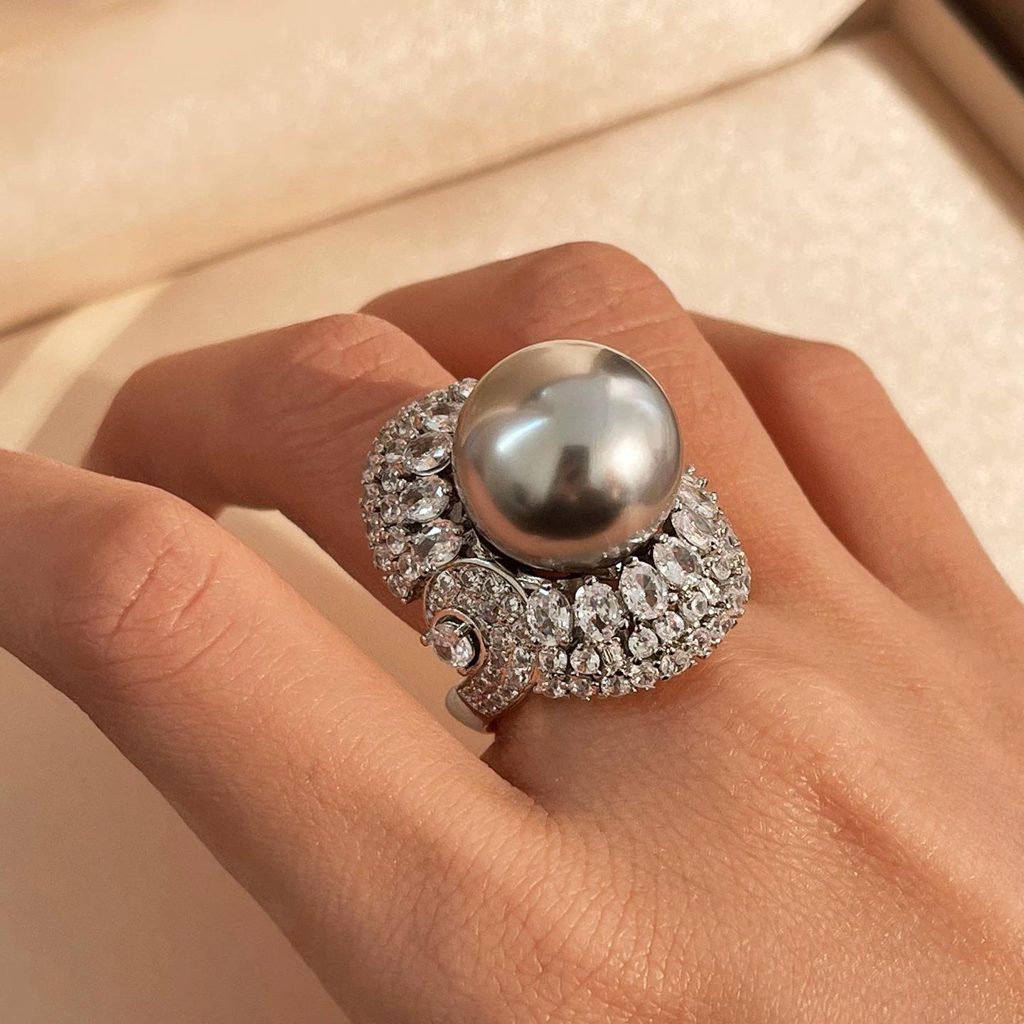 Luxury 16mm Large Pearl Ring with Sparkling Diamonds Elegant Socialite Jewelry Gift for Women shell pearl