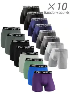 10 pcs Men's solid color long underwear Workout Gym Underwear, Underwear Boxers, Breathable quick drying elastic waistband sports pants, Suitable for daily wear and exercise