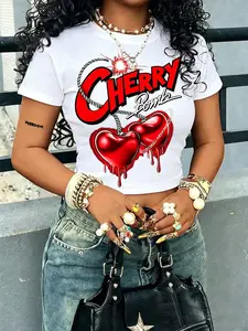 Women's Milk Silk Smooth Breathable Anti-Pilling T-Shirt, Heart Cherry Print, Sexy Fitted Fashion, Casual Retro Minimalist Style