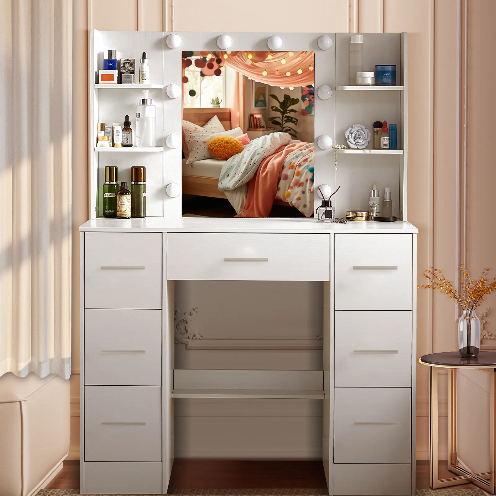 Modern MDF Wood Makeup Vanity Table Set - Sturdy White Vanity with 10 LED Lighting Mirror, Iron-Accent Stool, 7 Drawers, 6 Open Glass Storage Shelves, 3 Color Modes, for Bedroom, Bathroom, Ideal for Wife