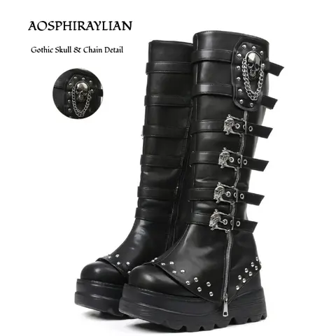 AOSPHIRAYLIAN Women's Black Chunky Heel Gothic Knee-High Punk Boots - Wide Foot Friendly, US6-12, Studded Spike, Round Toe, Skull Chain Buckle, Back Zipper, Thick Sole Footwear, Alt Girls Alternative Baddie Outfits Black Chunky Brat Style Vibe Shoes