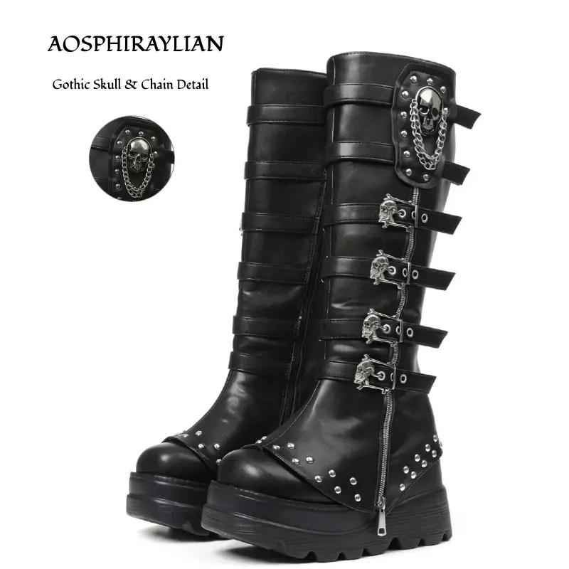 Black Platform Goth Knee High Boots for Women Wide Foot Friendly us6-12 size Studded Wide Mid Calf Combat Punk Boots Wide Foot Friendly Round Toe Skull Chain Buckle Chunky Heel Back Zipper Thick Sole Booties