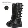AOSPHIRAYLIAN Women's Black Chunky Heel Gothic Knee-High Punk Boots - Wide Foot Friendly, US6-12, Studded Spike, Round Toe, Skull Chain Buckle, Back Zipper, Thick Sole Footwear, Alt Girls Alternative Baddie Outfits Black Chunky Brat Style Vibe Shoes