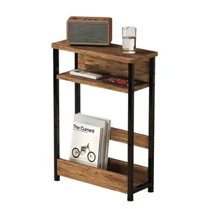 Narrow Side Table with Storage Shelf, 3-Tier Slim End Table with Magazine Holder, Modern Thin Side Tables for Couch or Small Spaces, Skinny Nightstand for Living Room or Bedroom Brown