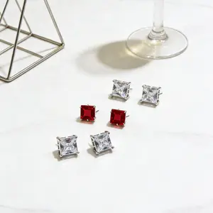 Four-Prong Princess Square CZ Silver Stud EarringsSilver Plated, Clear & Red Gem Choices | Accessory for Office, Date Night & Holiday Party Outfits! Earrings Luxury