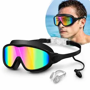 Swim Goggles with Waterproof Earplugs & Nose Clip for Adults/Kids, Anti-Fog Full-Coverage 180 ° Wide View Swim Goggles, Bright Multicolor UV Lens, Fit Outdoorfun