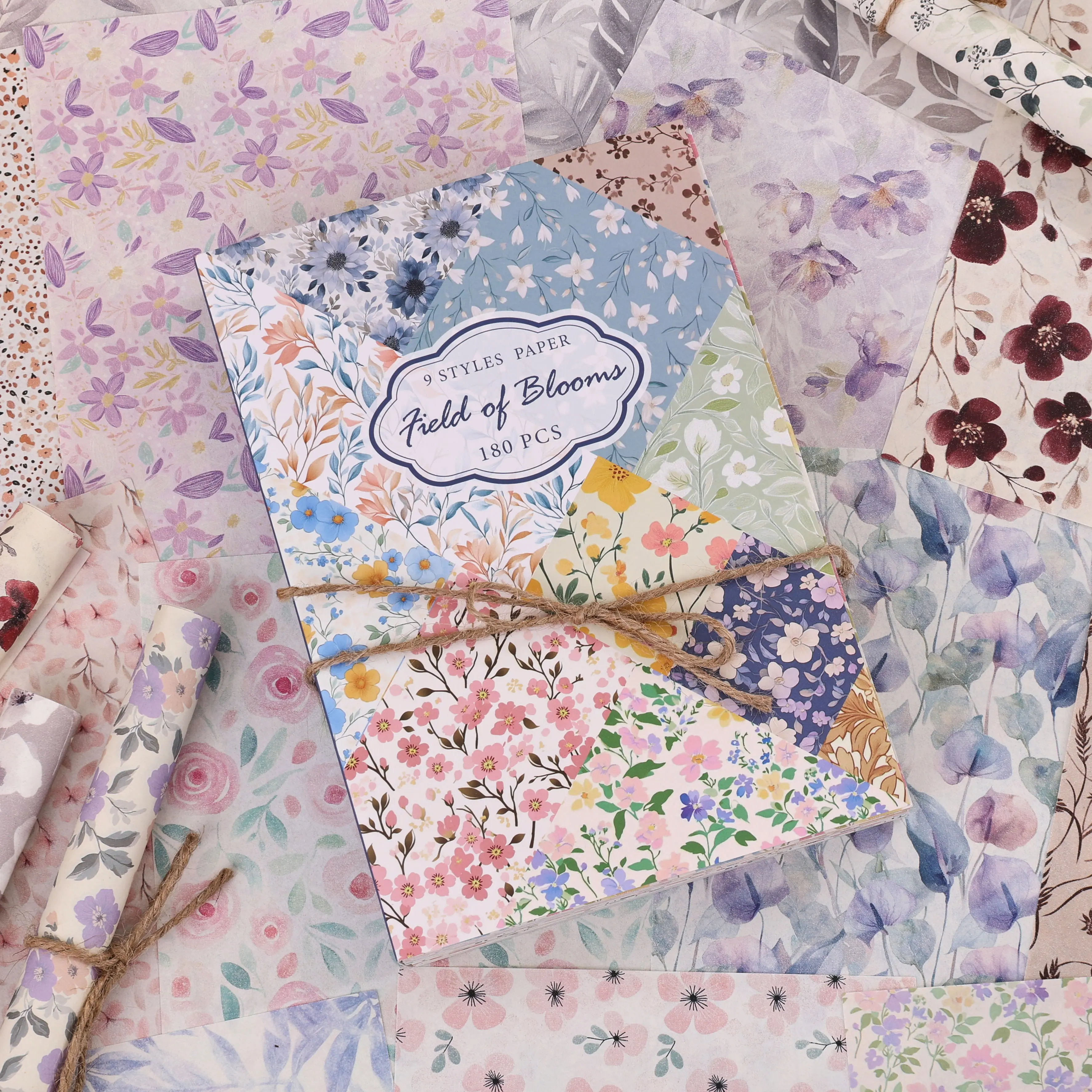 Field of Blooms Shabby Chic Vintage Floral Scrapbooking Set - 180 Sheets Cardstock Paper, 9 Themes, 5.5x8in Floral Print Crafting Supplies, Versatile DIY Decor for Bullet Journal, Collage