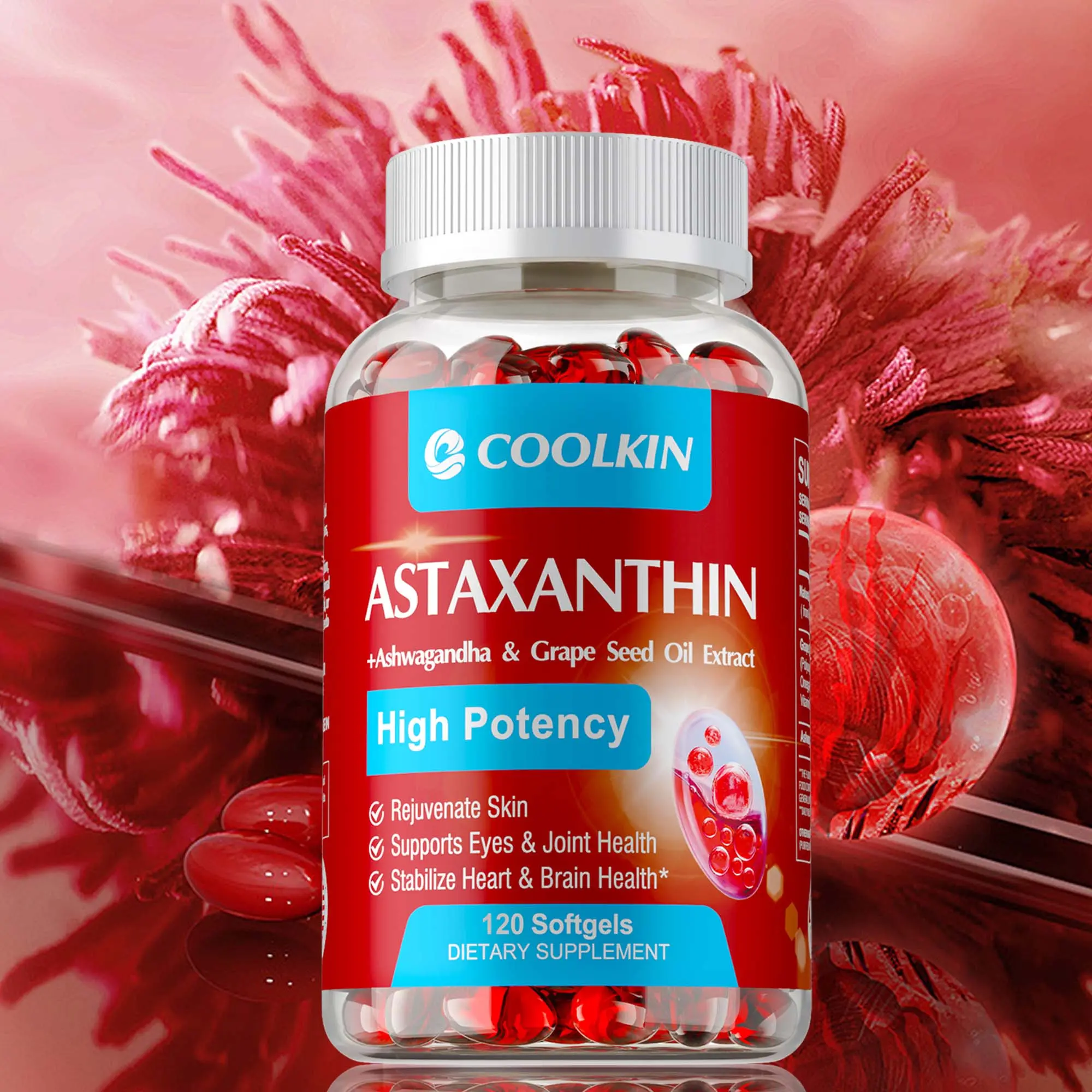 Astaxanthin + Ashwagandha & Grape Seed Extract High Potency Skin Rejuvenation Supports Eye & Joint Health; Promotes Heart & Brain Health* 120 Softgels | Dietary Supplement