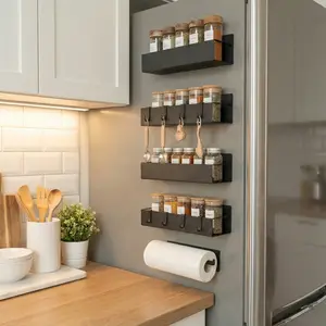 No-Drill Magnetic Shelves 5pc | Strong Metal Storage Organizer for Kitchen & Fridge Side | Magnetic Spice Rack Set Black | Space Saver for Tiny Home, Dorm, RV & Pantry | Waterproof Heavy Duty Wire Rack for Spices, Jars, Olive Oil & Cleaning Supplies