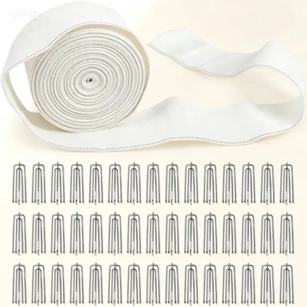 DIY Pinch Pleat Curtain Tape - 12 Meters/13 Yards, 45 Stainless Steel 4 Prongs Hooks for No Sew Curtains, Pleating Tape for Custom Window Drapery, Reusable Curtain Header Tape
