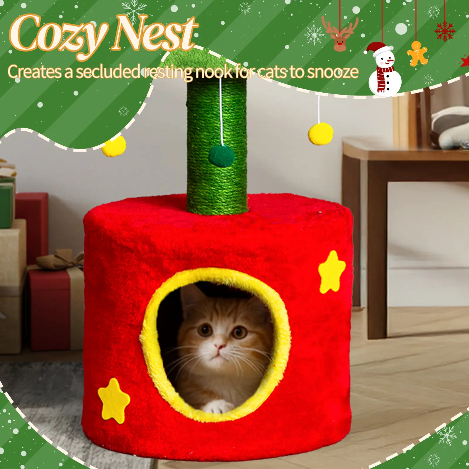 30" Christmas Cat Tree for Indoor Cats, Cute Cat Scratching Post with Cozy Cat House, Sisal Scratcher & Hanging Balls, Small Cat Tree Tower for Kittens and Small Cats