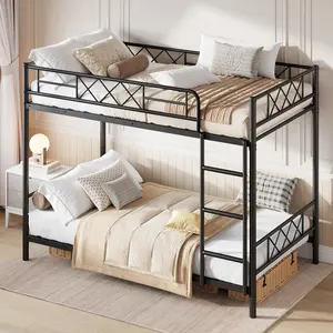 【GARVEE】Heavy Duty Twin Over Twin Bunk Bed for Adults & Teens – Metal Frame with Stairs, Full-Length Guardrail, Metal Slats, Space-Saving, No Box Spring Needed, Matte Black Finish