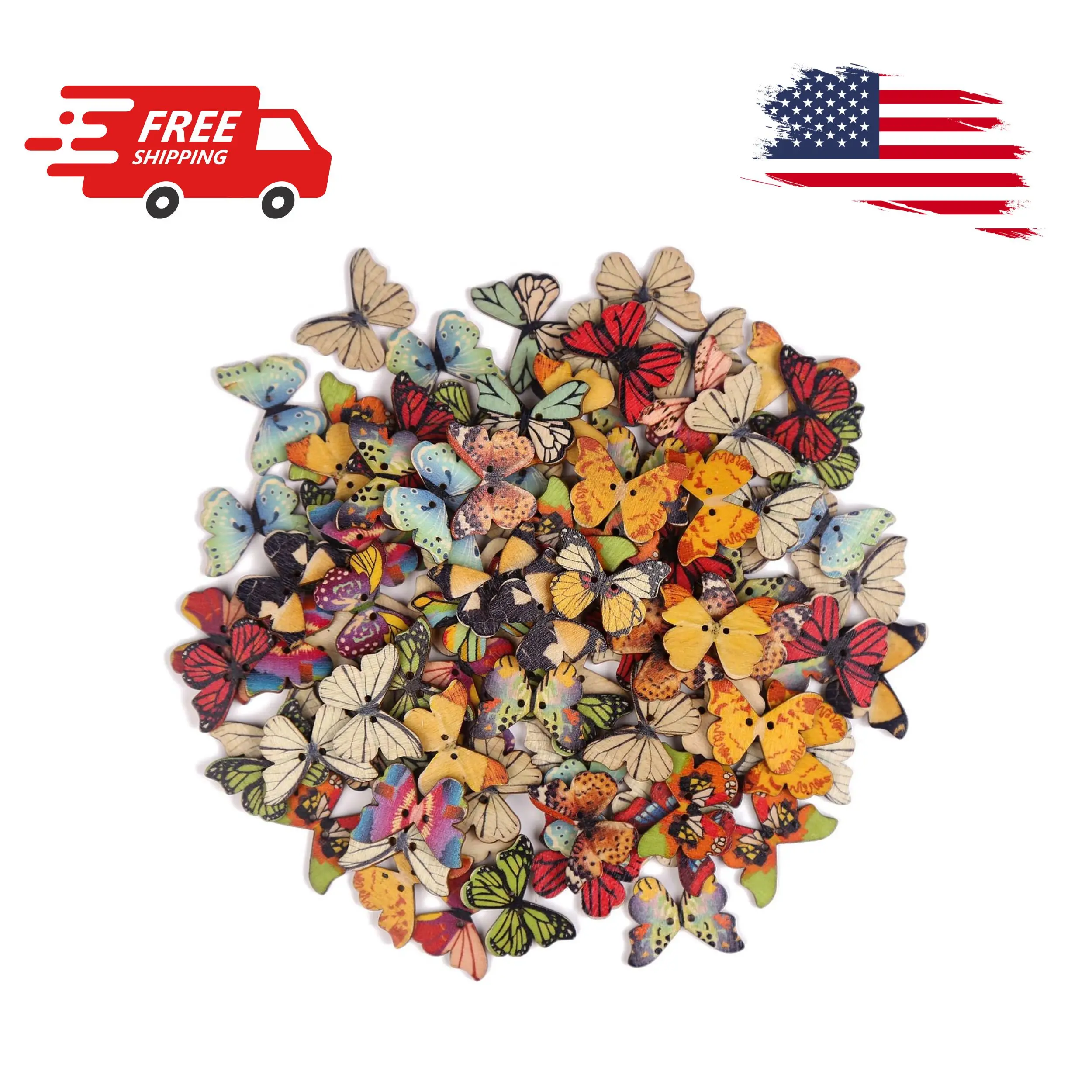 100 PCS Butterfly Wooden Buttons,1 Inch Colorful 2 Holes Mixed Decorative Buttons