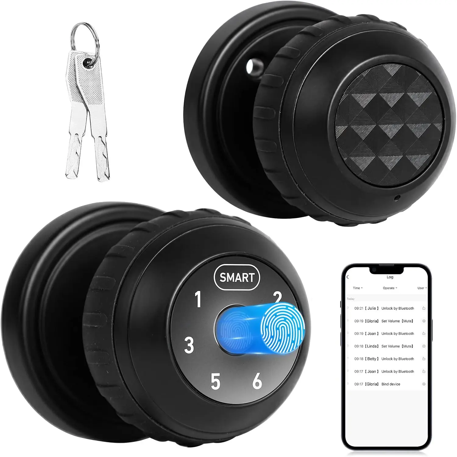 Door Knob with Lock 4 in 1 Biometric App| Black Thumb Print Locks for Bedroom Key Dorm Apartment Home Office Decor Doors