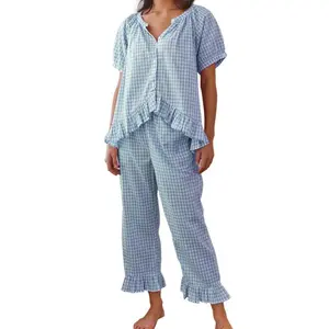 2025 Spring Women's Plaid Pajama Set  Trendy Tie-Front Puff Sleeve Top & Gingham Pants, Soft & Breathable for Lounging, Cute & Comfortable Sleepwear for Cozy Nights