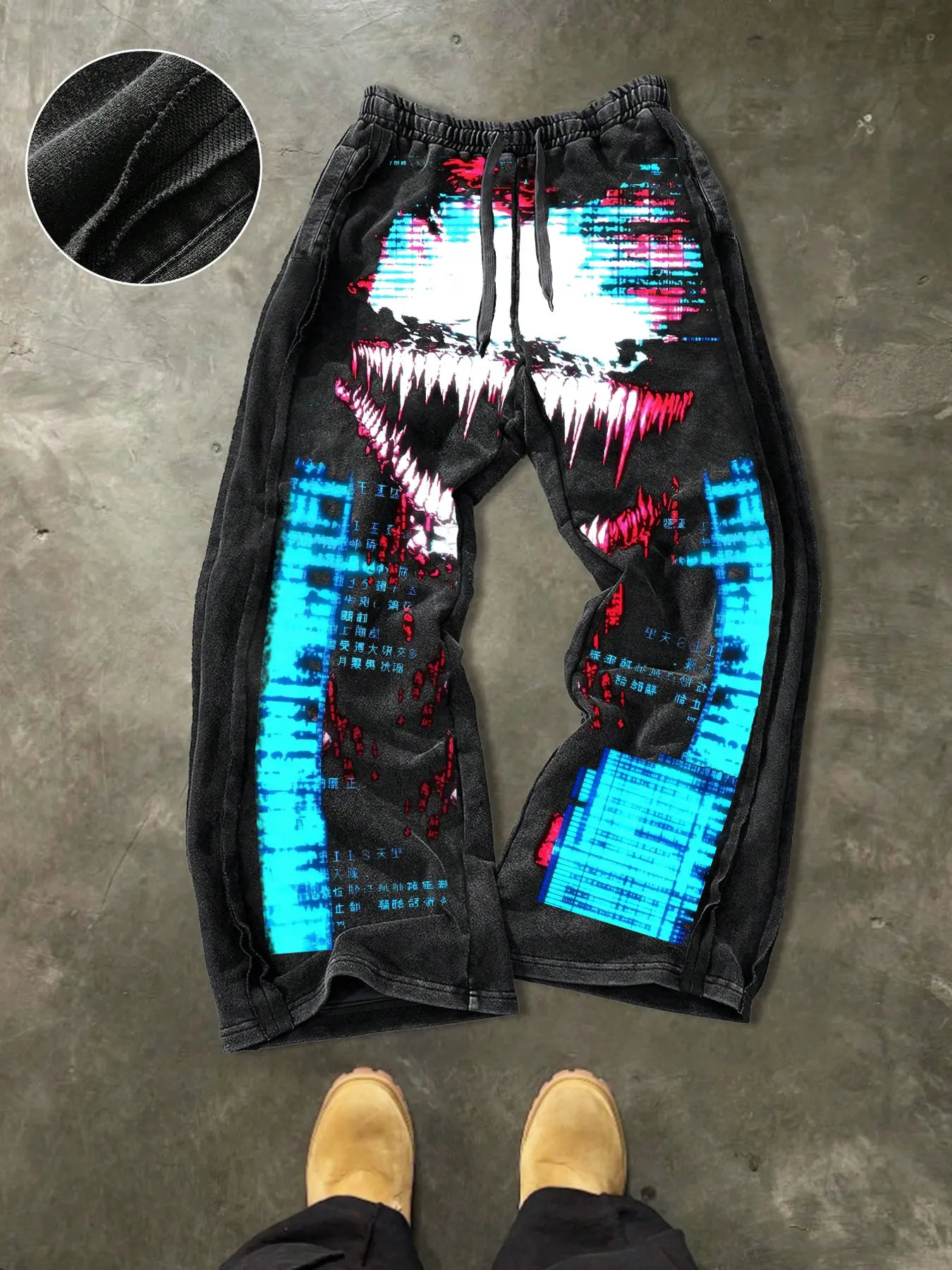Men's Casual Cotton Sports Pants, Cyberpunk Print, Street Style, Drawstring Waist, Ankle Length, Fitted, All Seasons, Ideal Gift