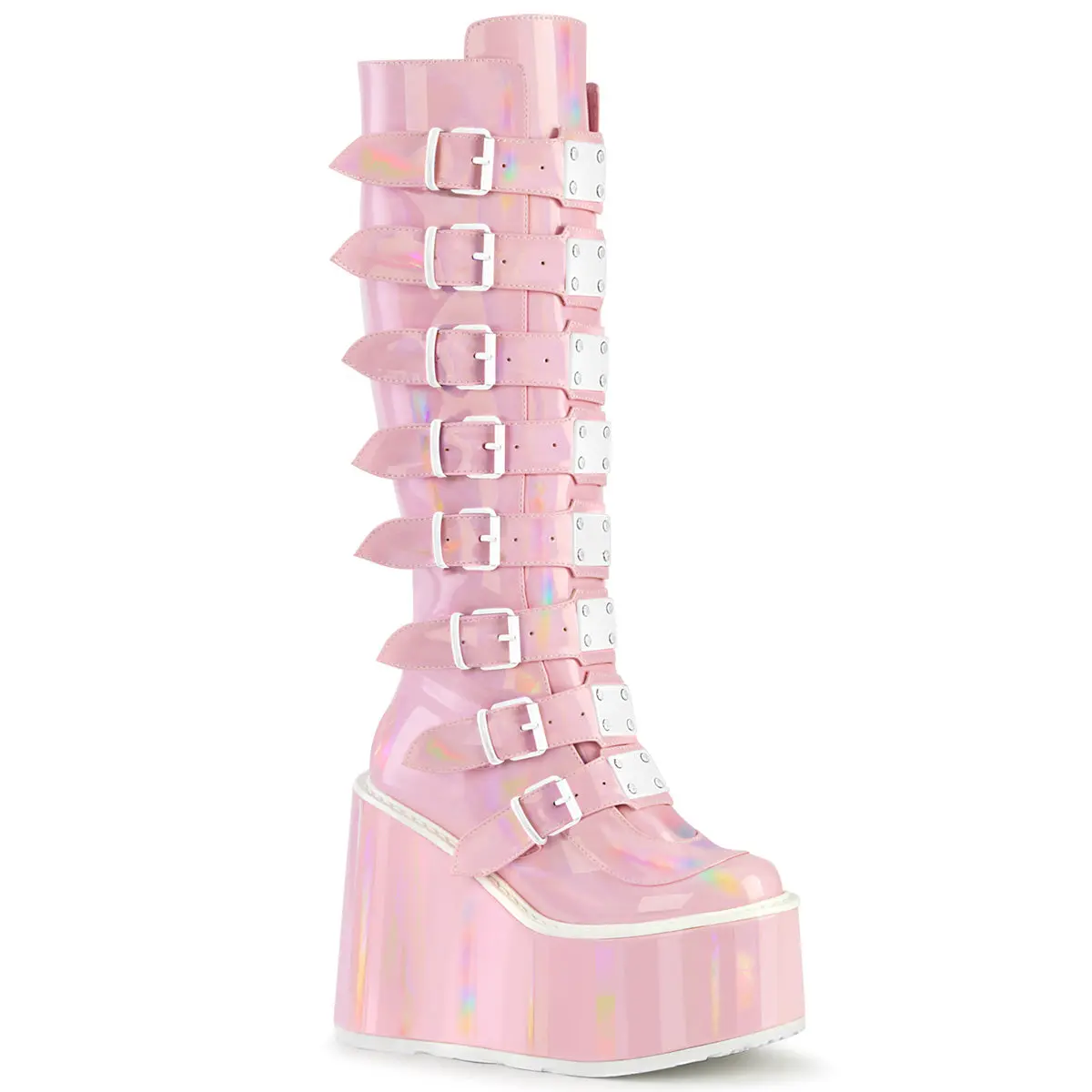 Demonia Swing-815 Women's Platform Knee High Boots with 8 Buckle Straps and Metal Plates