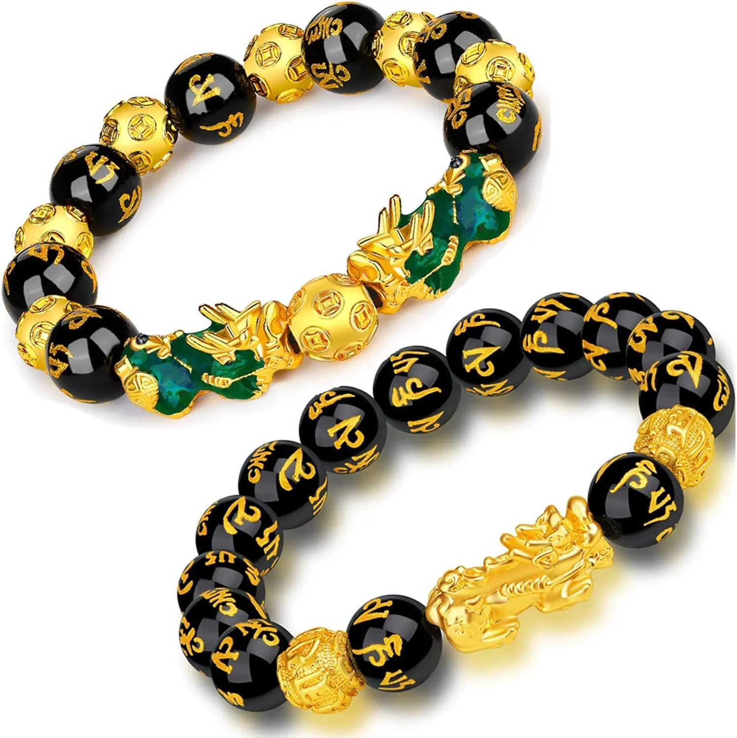 2 count Feng Shui Black Obsidian Wealth Bracelet 12mm Mantra Bead Pi Xiu Bracelets for Women Men Attract Wealth and Good Luck