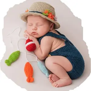 Newborn Photoshoot Outfits Fisherman Set, Crochet Kintted Baby Photography Props Hat, Suspender Pants & Fish for Boys Girls, Clothing
