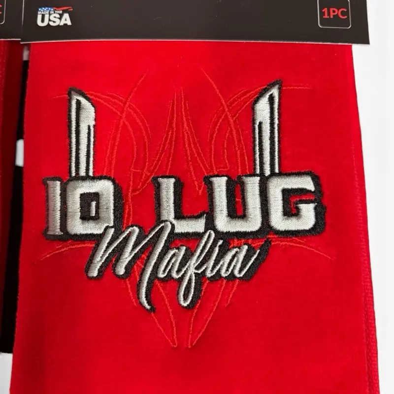 Red 10lugmafia hanging towels pinstripe logo