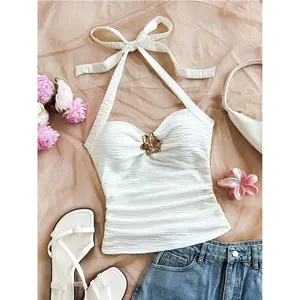Women's Backless Tank Top Starfish Shell Decor Ruffled V Neck Floral Metal Buckle Fitted White Vacation Party Beach Date Cruise Holiday Top