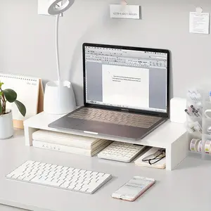 Ergonomic Monitor Stand with Storage, Wooden Desk Organizer, Multi-Layer File Rack for Office, Dormitory, Bedroom, Notebook Holder