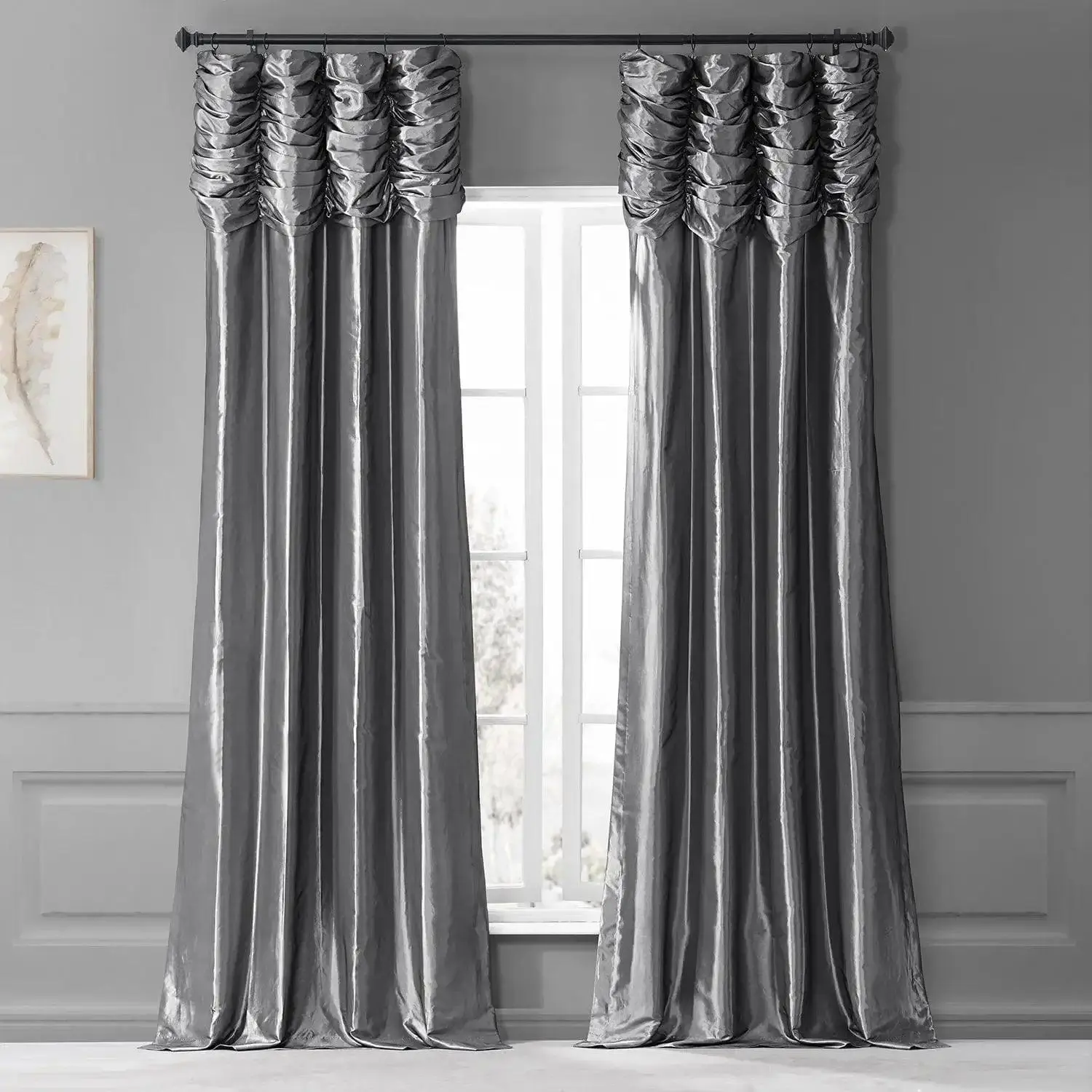 Ruched Solid Faux Silk Taffeta Room Darkening Curtain Panels, Window Drapes for Home Decor, Half-Price Pick That Enhances Living Room Aesthetics