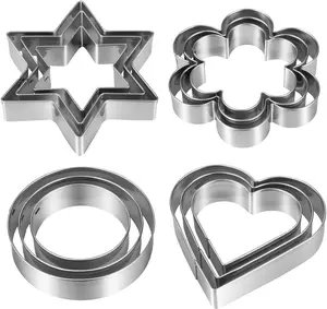 Metal Cookie Cutters Set 12 Pieces Stainless Steel 3 Heart 3 Star 3 Flower 3 Round for Valentine's Day Christmas Holiday
