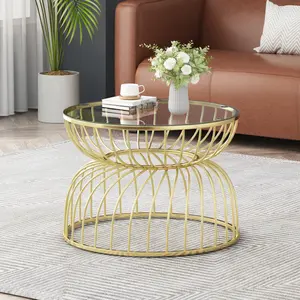 [SOIYELIFE] Elegant Gold Glass Coffee Table - Modern Hollow Metal Base with Tempered Glass Round Top, Suitable for Stylish Living Room and Office Decoration