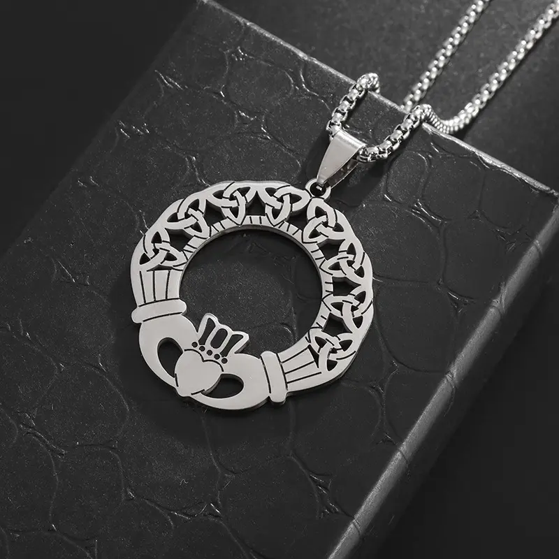 Unisex Ethnic Viking Necklace - Stainless Steel Long Chain, Irish Celtic Knot-Claddagh Pendant, Versatile Design for Casual & Festival Wear, Costume Jewelry Accessory, Versatility, Steel Chain, Claddagh Design, Viking Pendant, Chain Jewelry Necklaces