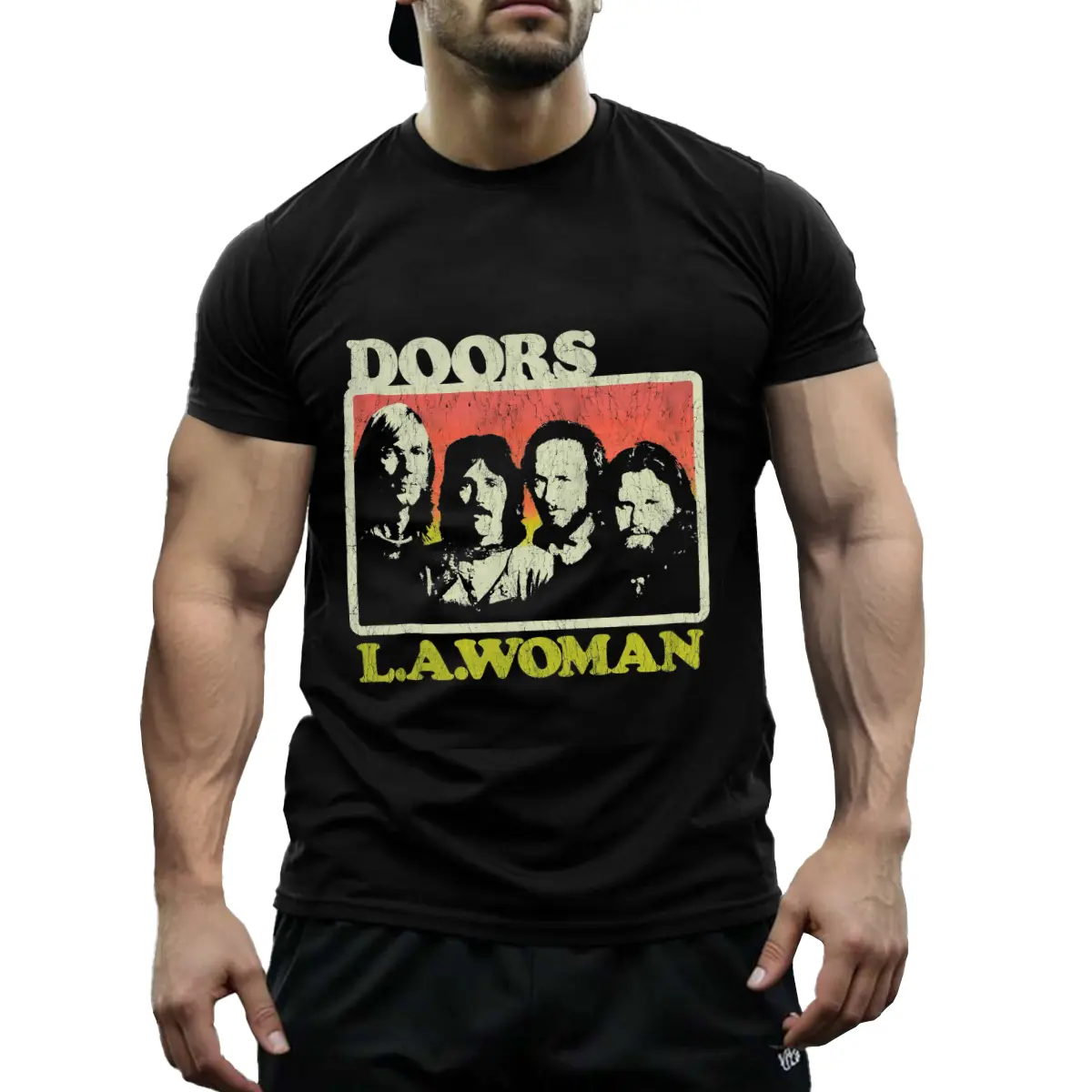 Mens Vintage Charm The Doors LA Woman Jim Morrison Official Black Streetwear T-Shirt - 100% Cotton, Short Sleeve, Crew Neck, Casual Menswear Top, Machine Washable Vintage Graphic