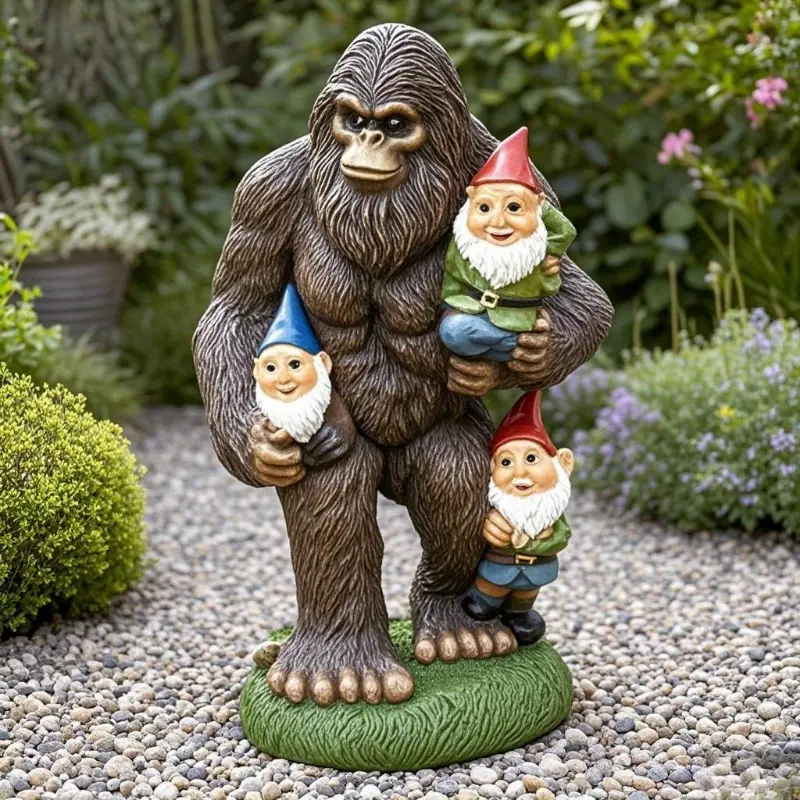 Charming Bigfoot & Gnome Resin Statue - Rustic Halloween Decor for Indoor & Outdoor, Perfect for Living Rooms, Patios, Gardens - No Power Needed, Floor Standing Design, Halloween Decorations