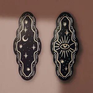 2PCS Wooden Celestial Eye and Moon Phase Wall Decor, Boho Mystic Hanging Ornament, Spiritual Evil Eye Wall Art, Rustic Moon Goddess Home Decoration, Witchy Room Aesthetic Decor, Non-Engraving, Starry Sky Pattern
