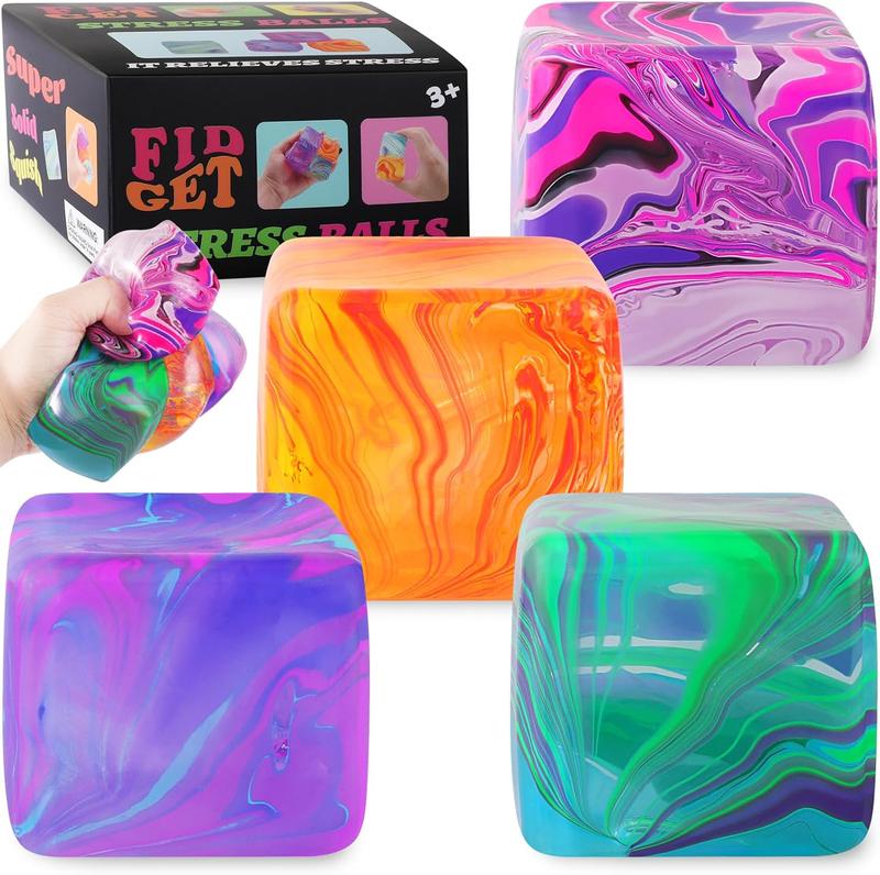 4Pcs Fidget Toys Squishy Stress Cube, Stress Balls for Kids & Adults, Anxiety Stress Relief, Ice Squishy Cube & Sugar Balls, Sensory Toys for Kids with Autism, Fidgets for Classroom Prize