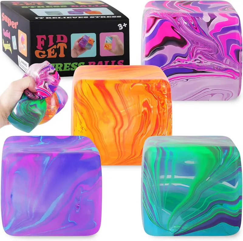 4Pcs Fidget Toys Squishy Stress Cube, Stress Balls for Kids & Adults, Anxiety Stress Relief, Ice Squishy Cube & Sugar Balls, Sensory Toys for Kids with Autism, Fidgets for Classroom Prize