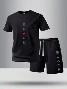 Men’s summer regular-fit cotton short-sleeve T-shirt and shorts set with letter print. Fashionable casual men’s two-piece outfit for going out, featuring a pocketed athletic design and elastic drawstring waist. Suitable for running, golf, fishing, basketb