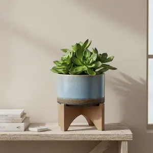 Artisans 6.1" Lava Ceramic on Wood Stand Tabletop Planter Blue Handcrafted Indoor Plant Pot