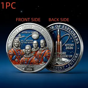 1pc Lunar Mission Commemorative Coin, Alloy 3D Relief, Astronaut Team Rocket Theme, 2026 Moon Exploration Design, Collectible Gift