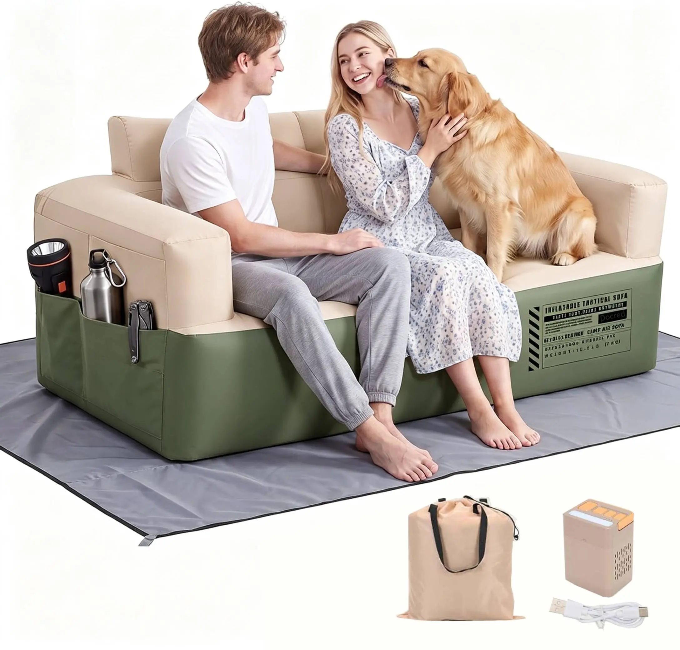 Docred Inflatable Couch with Built-in Pump & LED Light, Portable Air Sofa with Battery Display, Quick Inflation | Puncture-Resistant Outdoor Inflatable Sofa | 1000D Oxford, Double-Layer Blow Up Couch for Camping Backyard, Living Room & Indoor-Outdoor Use