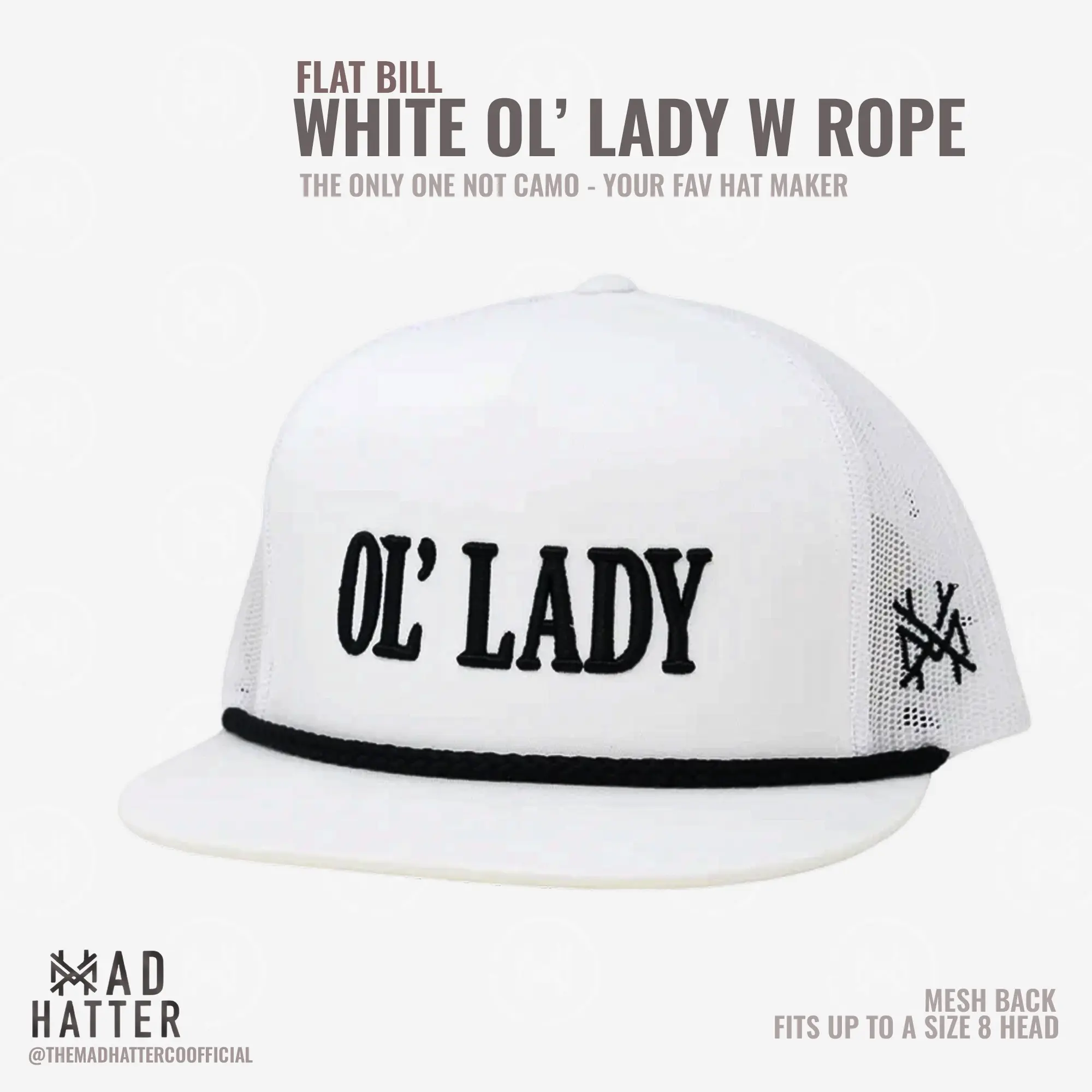 Flat Bill White with Black Rope