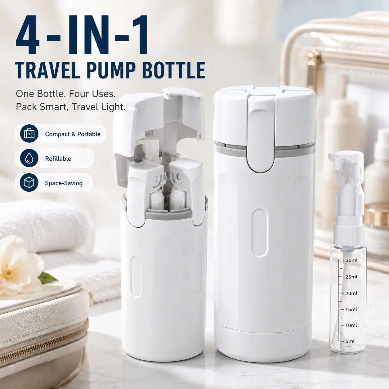4-In-1 Travel Pump Bottle Cosmetic Tool, Beauty Dispenser with 4 Separate Vials for Shampoo, Lotion, Toner, Compact Lightweight Space-Saving Toiletry Container with Easy-Access Inner Bottles, Squeeze-Resistant Durable for Travel, Camping Makeup Storage