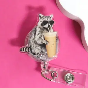 Funny Raccoon Badge Reel, Meme Trash Panda Drinking, Medical ID Badge, Retractable Clip