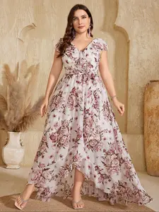 Plus Size Floral Print Chiffon Dress, Elegant V Neck Half Sleeve Dress for Party Wedding Guest, Women's Clothes for All Seasons, Womenswear, Vneck