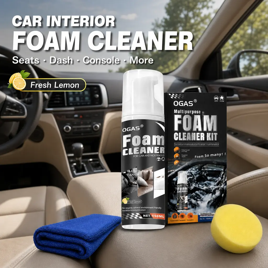 OGAS 150ml Multipurpose Foam Cleaner Kit - Car Interior Cleaning Supplies with Sponge, Cloth, Anti-Bacterial Lemon Scent, Paintwork Cleaner for Leather Seats, Dash Console, Deep Cleans Without Damaging Paints, Lifts Dirt, Grime, Odors