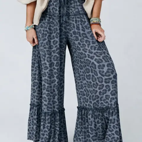 Summer Casual Boho Frenchy Style Wild Leopard Print Pleated Drawstring Adjustable Wide Leg Beach Travel Pants, Women's Fashionable Loose Fit Trousers, Bohemian Trousers, Comfortable and Stylish