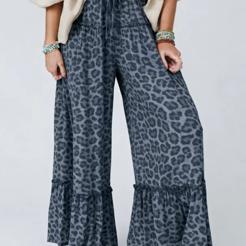 Summer Casual Boho Frenchy Style Wild Leopard Print Pleated Drawstring Adjustable Wide Leg Beach Travel Pants, Women's Fashionable Loose Fit Trousers, Bohemian Trousers, Comfortable and Stylish