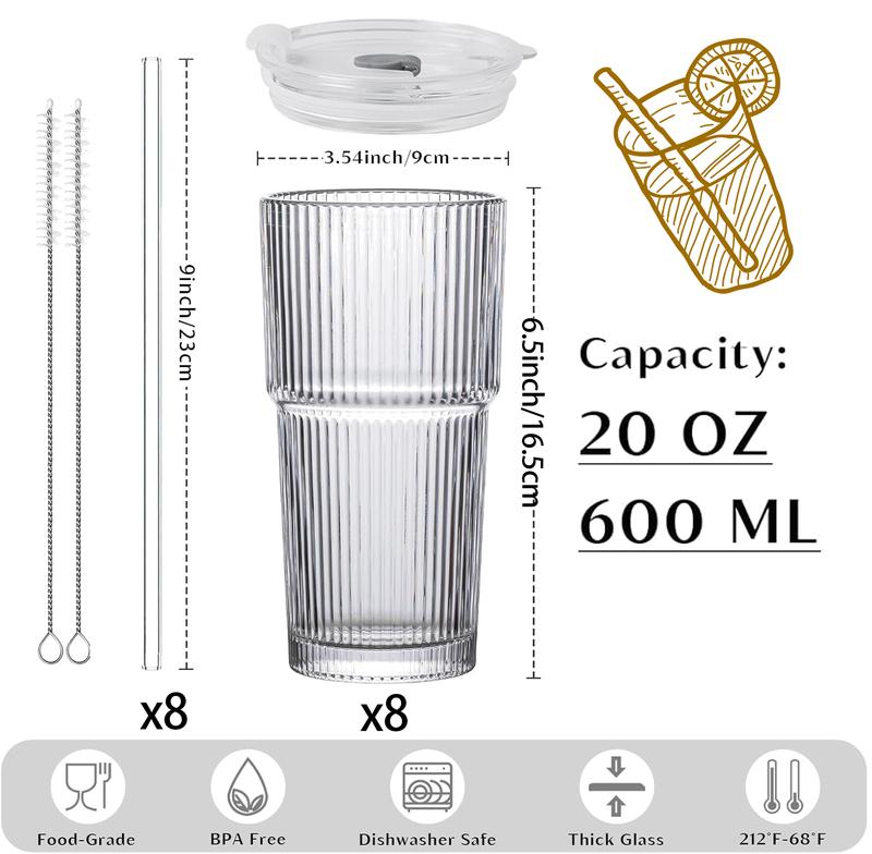 20oz Ribbed Glass Cup Set 6/8Pack - Thickened Tumblers with Lids & Straws for Cocktails, Coffee & Smoothies