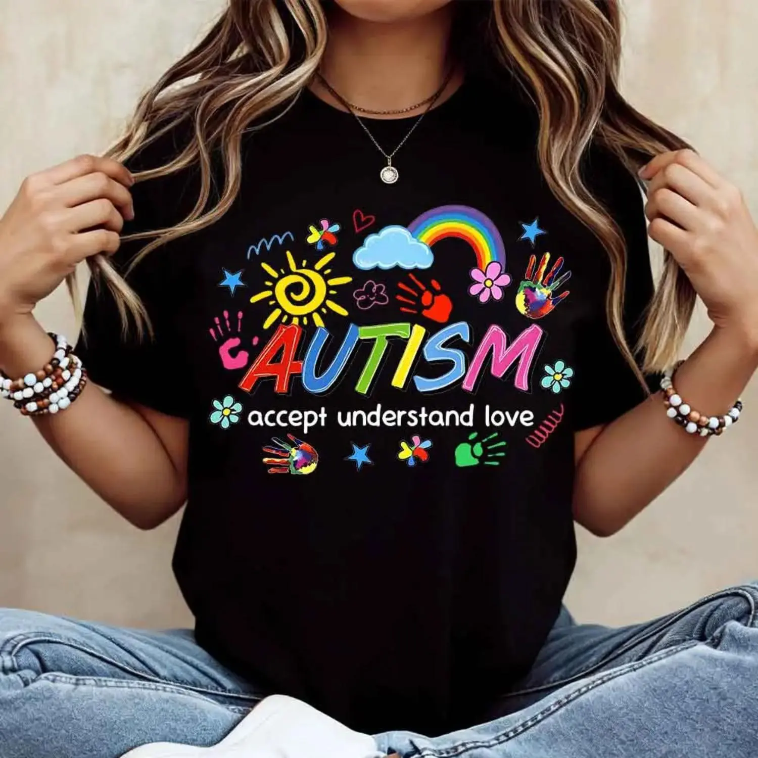 Women's Autism Awareness T-shirt with "Accept Understand Love" Graphic, Casual Crewneck Shortsleeve Top for Summer, Tshirt