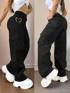 Women's Casual High-Waisted Cargo Pants, Medium Stretch, Practical Pockets, Geometric Pattern, All Seasons Wear, Fitted Style, Casual Streetwear Trousers